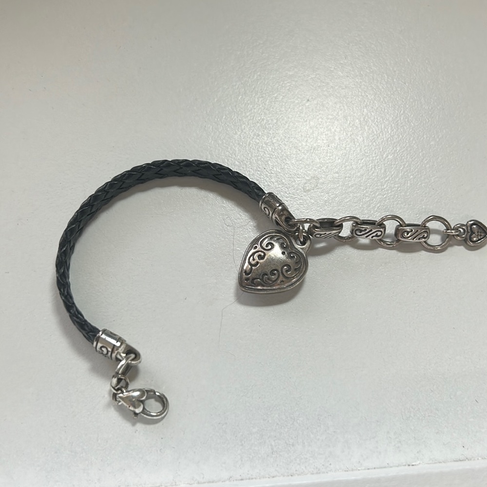 Vintage Brighton leather woven silver heart thin charm bracelet